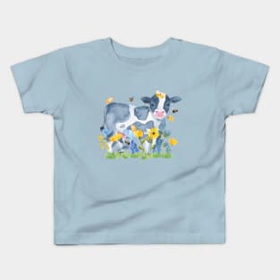 Watercolor Cow in Spring Flowers, Bees, & Beautiful Butterflies Kids T-Shirt